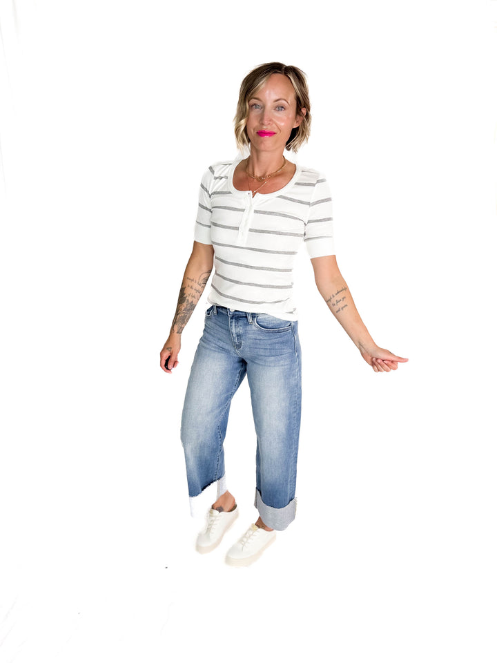 Chleo Classic Ribbed Striped Henley 1/2 Sleeve- HEATHER GREY