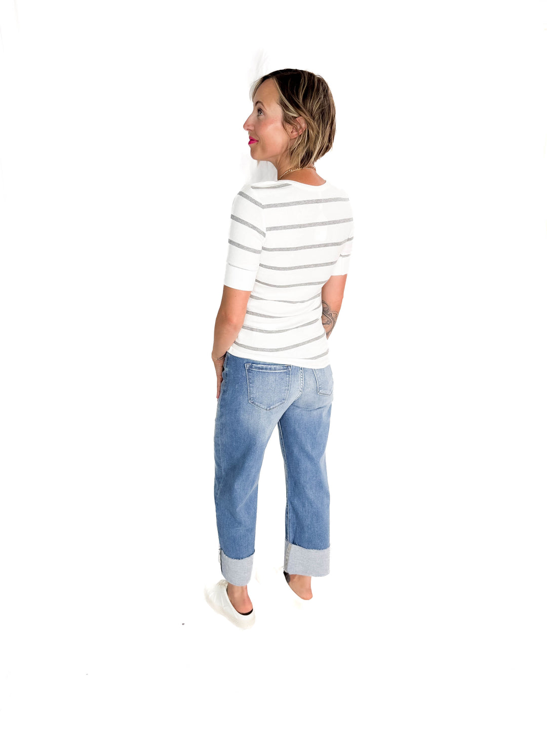 Chleo Classic Ribbed Striped Henley 1/2 Sleeve- HEATHER GREY