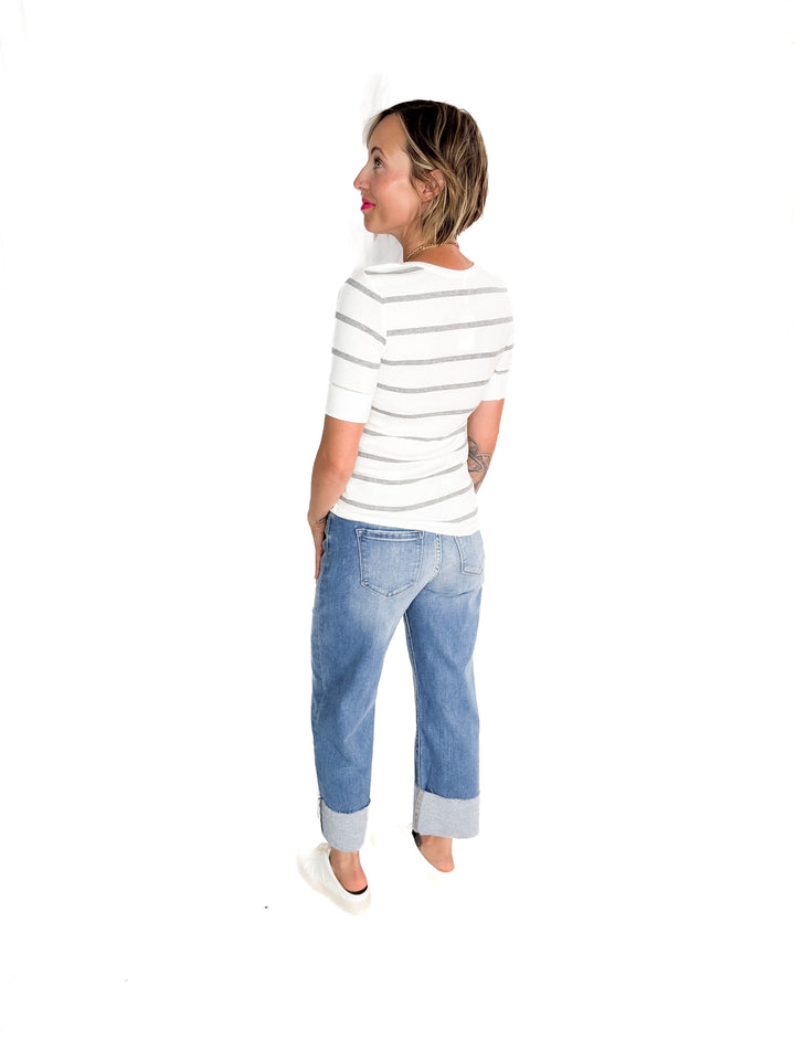 Chleo Classic Ribbed Striped Henley 1/2 Sleeve- HEATHER GREY