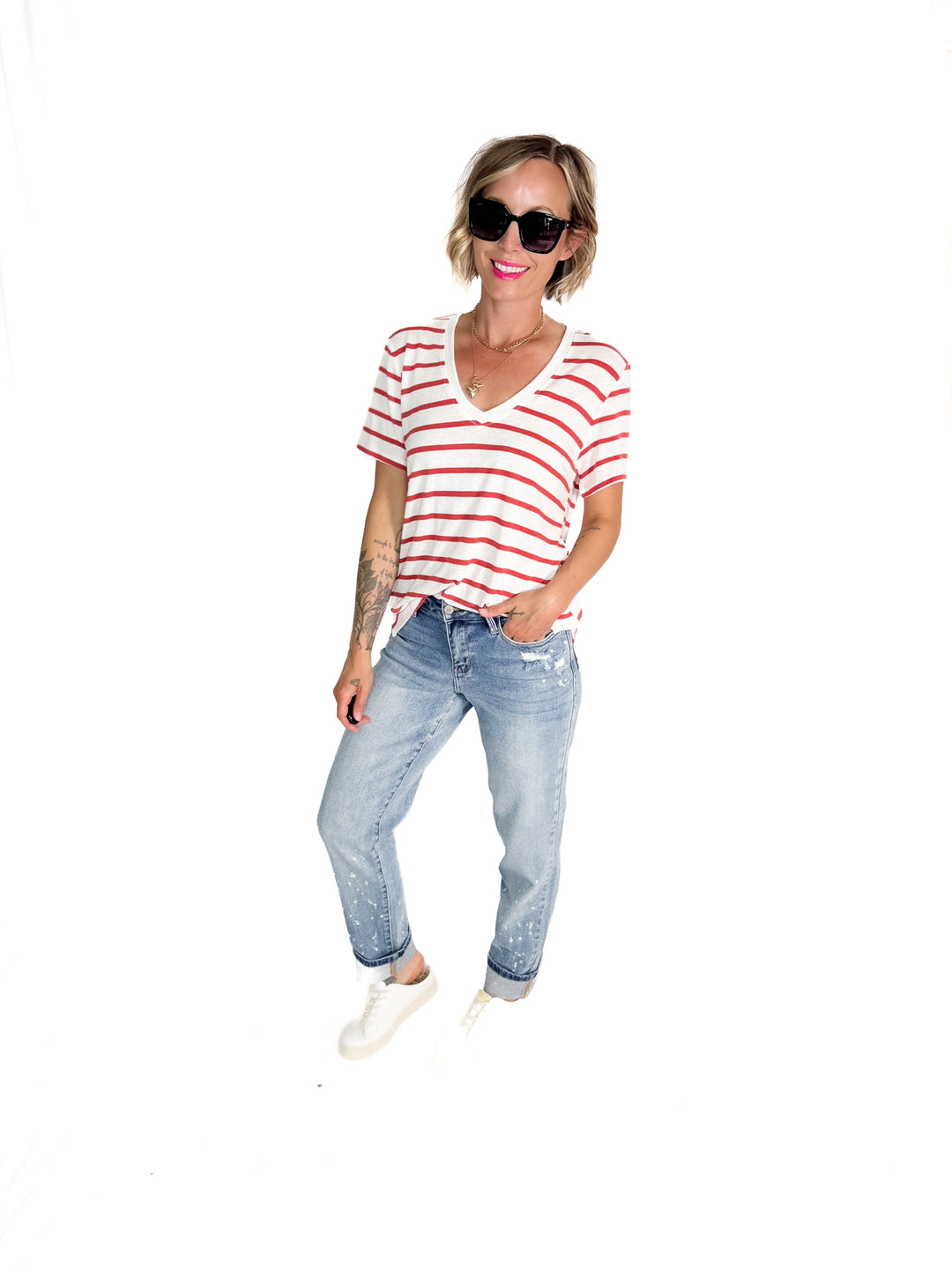 Chrishell Cotton Blend Relaxed Fit Striped T-shirt- CRANBERRY-FINAL SALE
