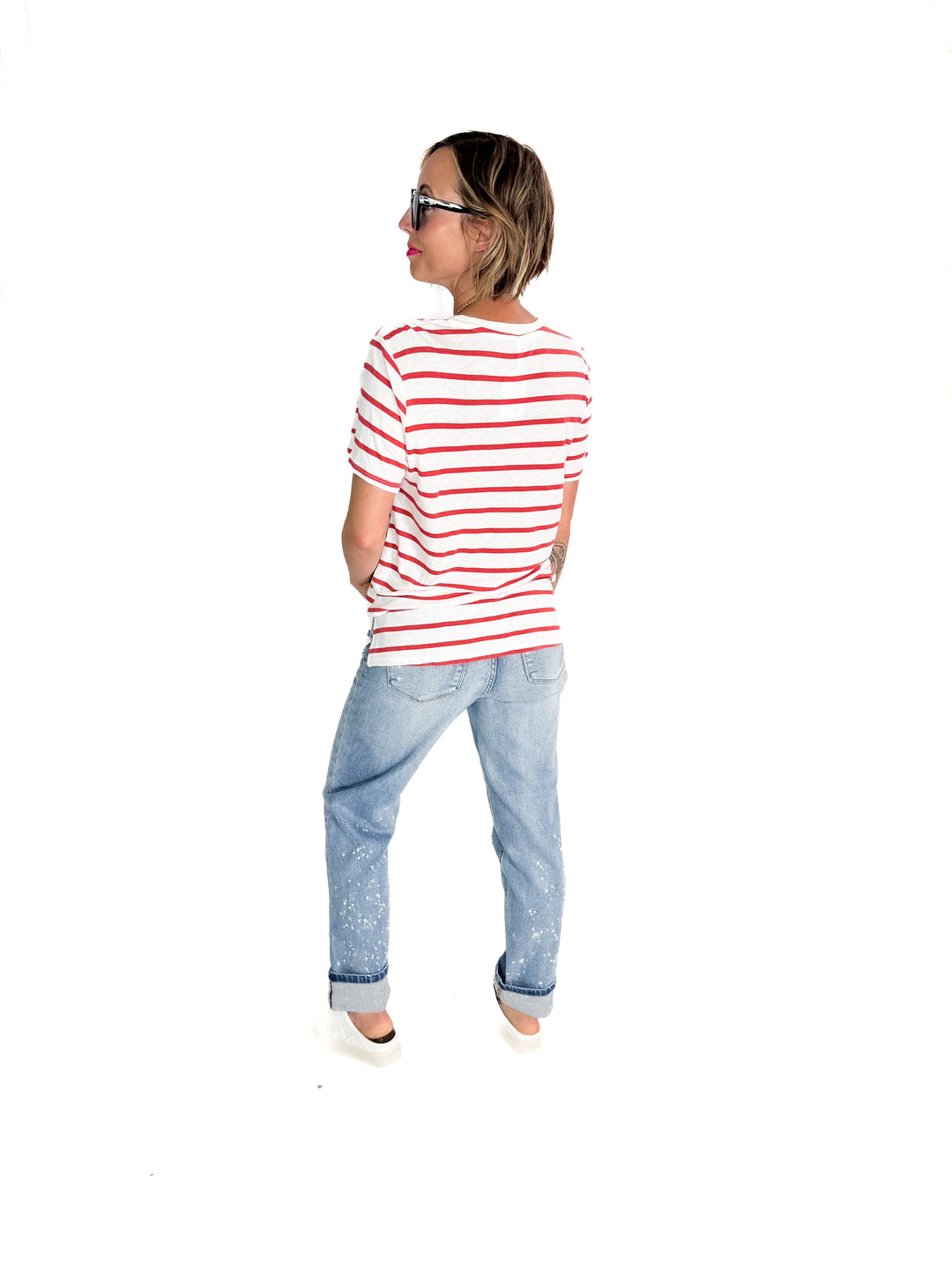 Chrishell Cotton Blend Relaxed Fit Striped T-shirt- CRANBERRY-FINAL SALE