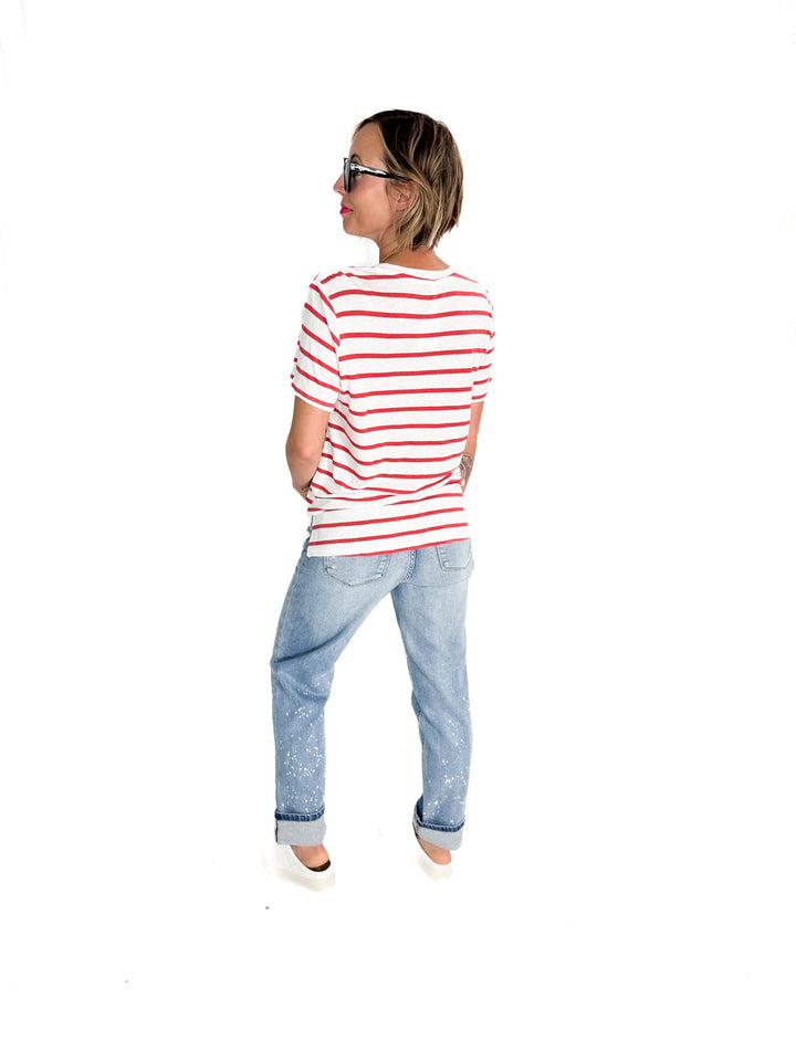 Chrishell Cotton Blend Relaxed Fit Striped T-shirt- CRANBERRY-FINAL SALE