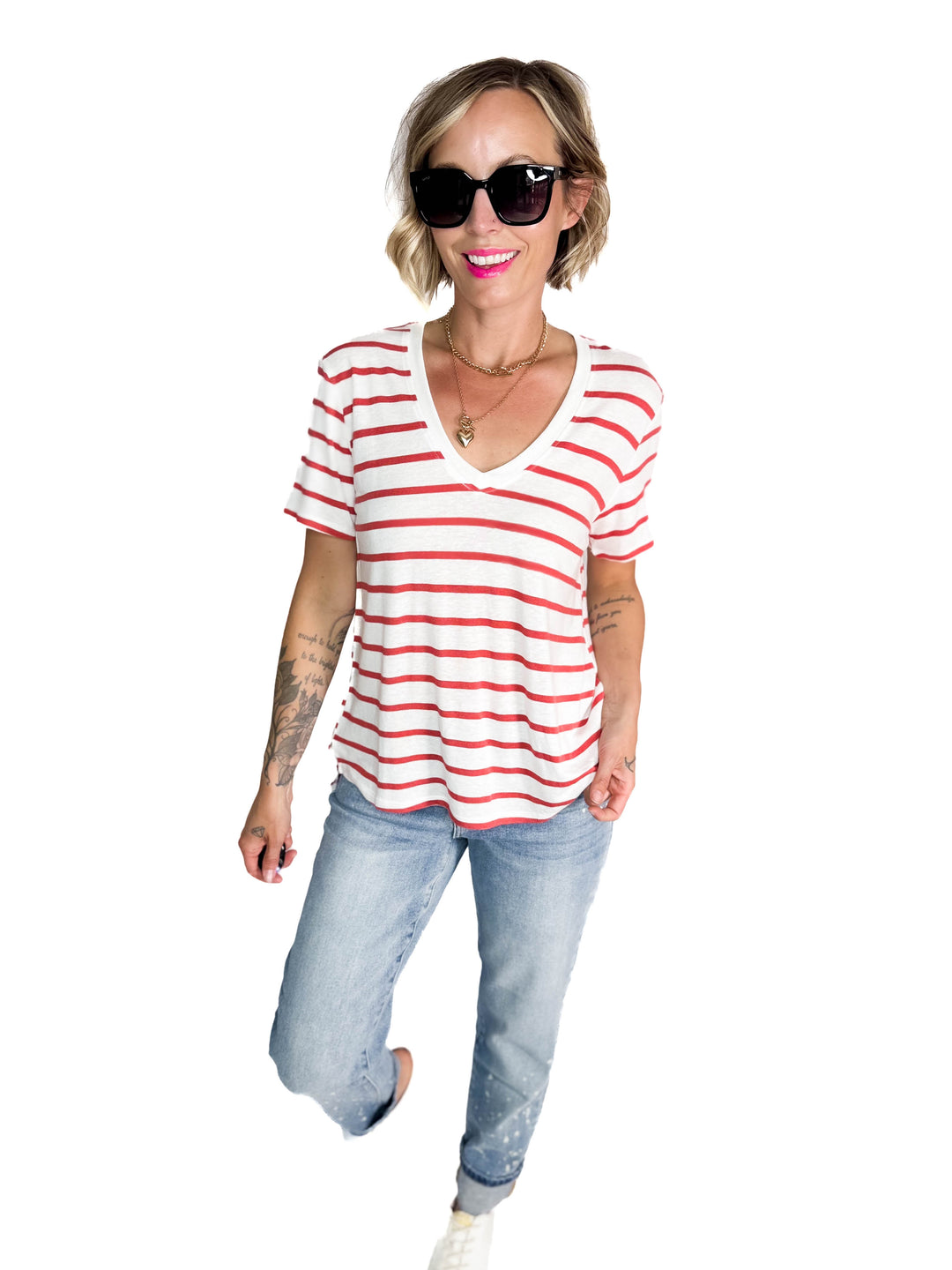 Chrishell Cotton Blend Relaxed Fit Striped T-shirt- CRANBERRY-FINAL SALE