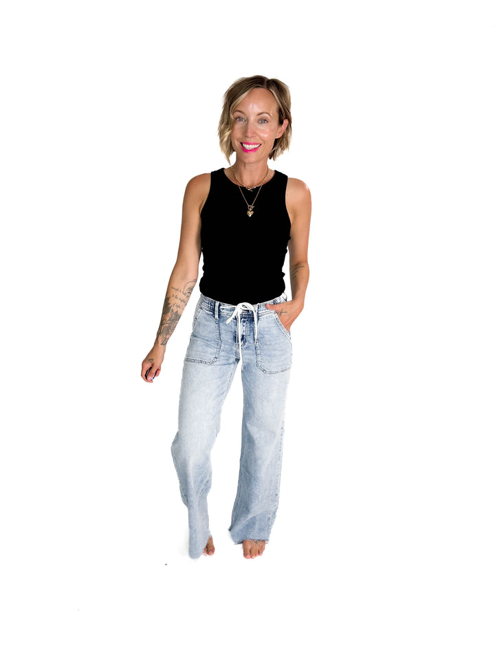 FLYING MONKEY Hazel High Rise Drawstring Wide Leg Jeans- LIGHT WASH