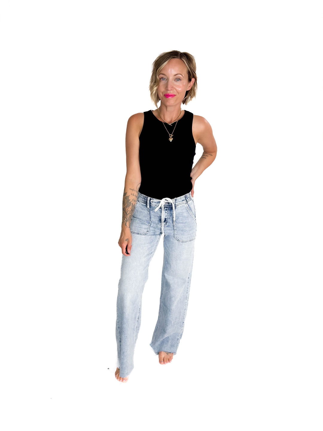 FLYING MONKEY Hazel High Rise Drawstring Wide Leg Jeans- LIGHT WASH