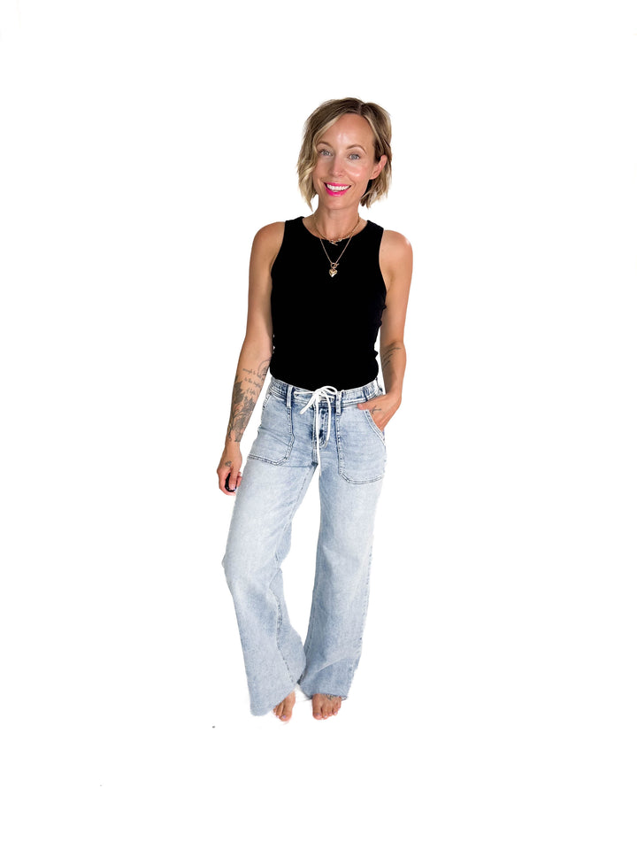 FLYING MONKEY Hazel High Rise Drawstring Wide Leg Jeans- LIGHT WASH