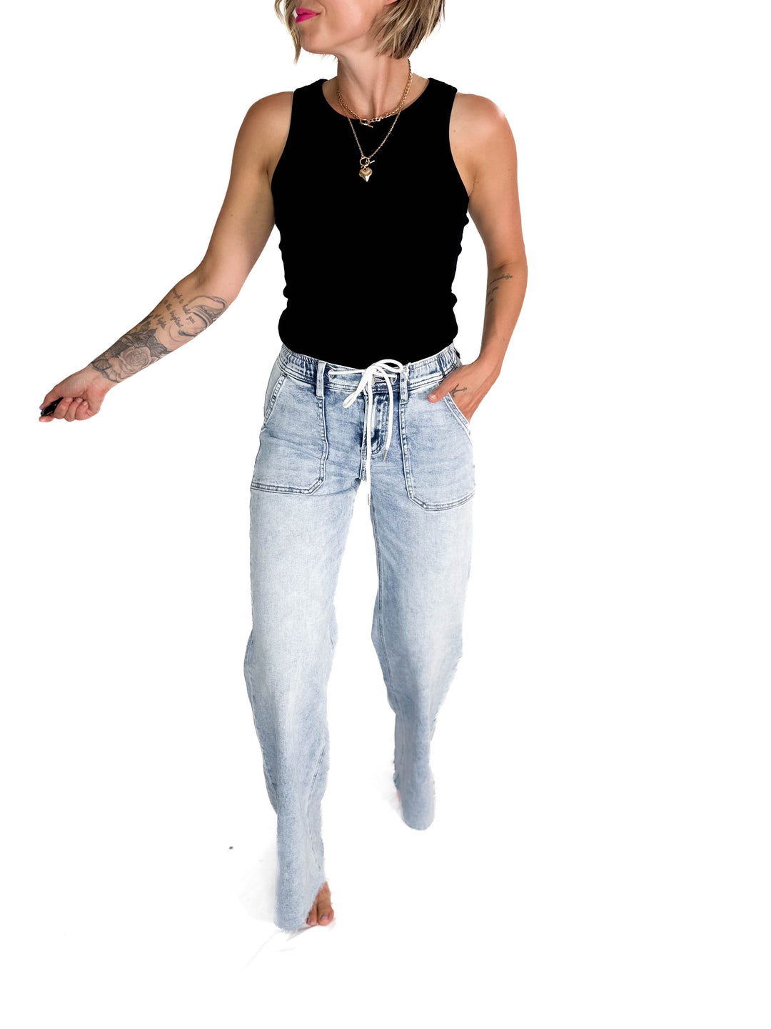 FLYING MONKEY Hazel High Rise Drawstring Wide Leg Jeans- LIGHT WASH