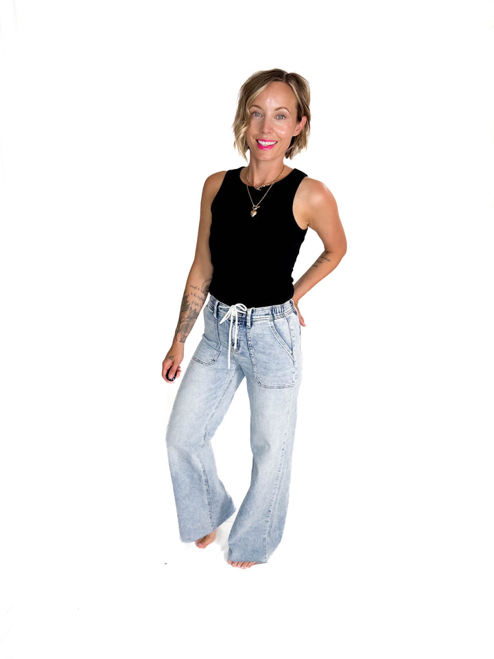 FLYING MONKEY Hazel High Rise Drawstring Wide Leg Jeans- LIGHT WASH