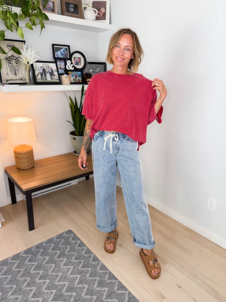 Keri Washed Cotton Boyfriend Tee- DARK RED