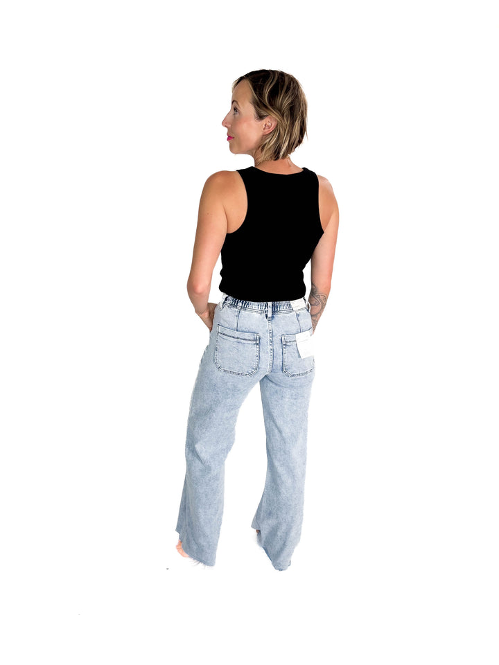 FLYING MONKEY Hazel High Rise Drawstring Wide Leg Jeans- LIGHT WASH