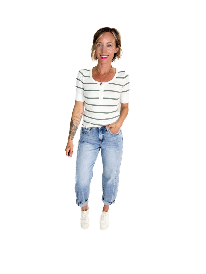 Chleo Classic Ribbed Striped Henley 1/2 Sleeve- SPRUCE