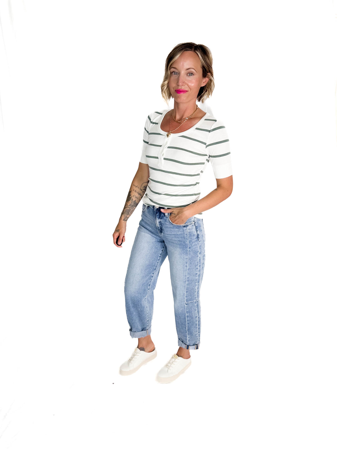 Chleo Classic Ribbed Striped Henley 1/2 Sleeve- SPRUCE