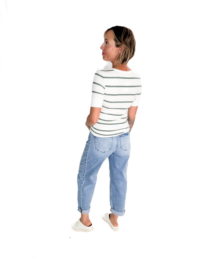 Chleo Classic Ribbed Striped Henley 1/2 Sleeve- SPRUCE
