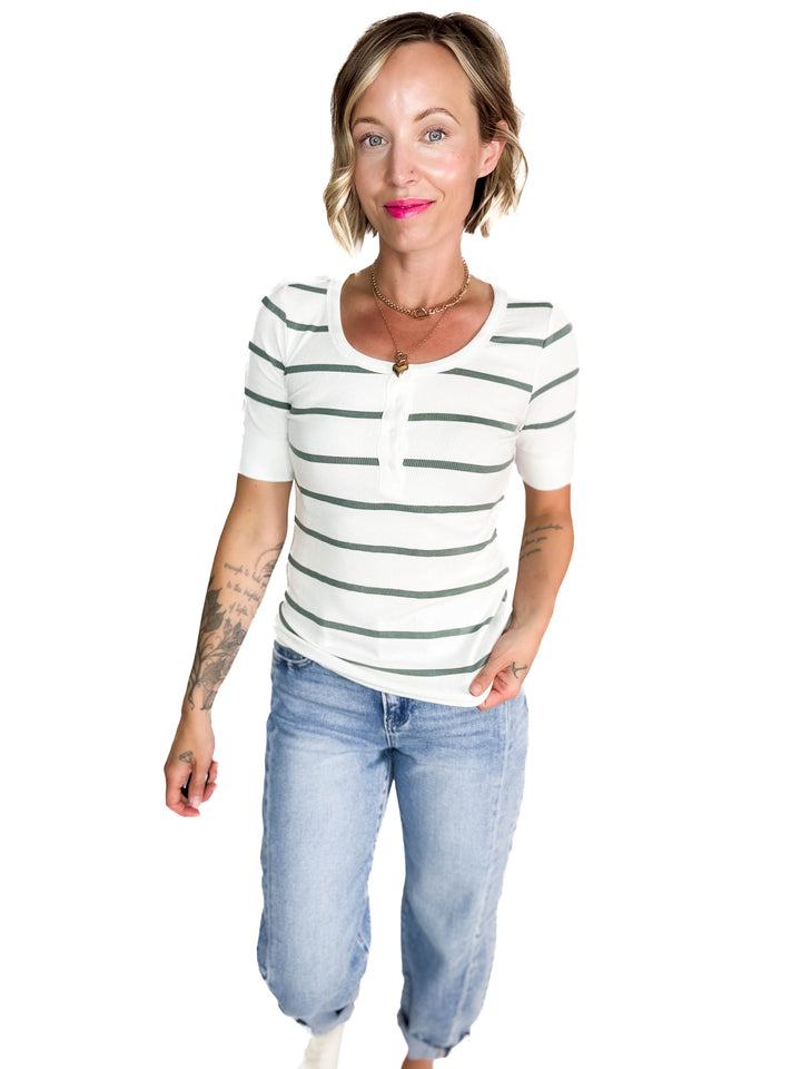 Chleo Classic Ribbed Striped Henley 1/2 Sleeve- SPRUCE