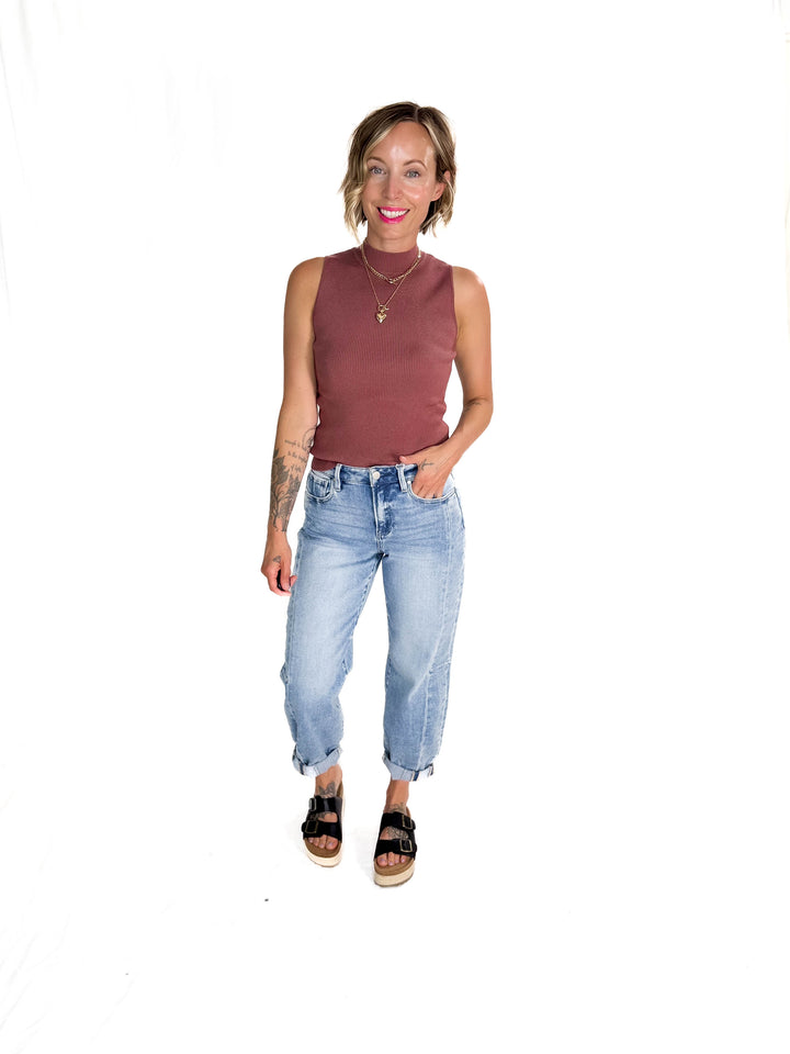 Melena Mock Neck Ribbed Knit Tank- RED BEAN