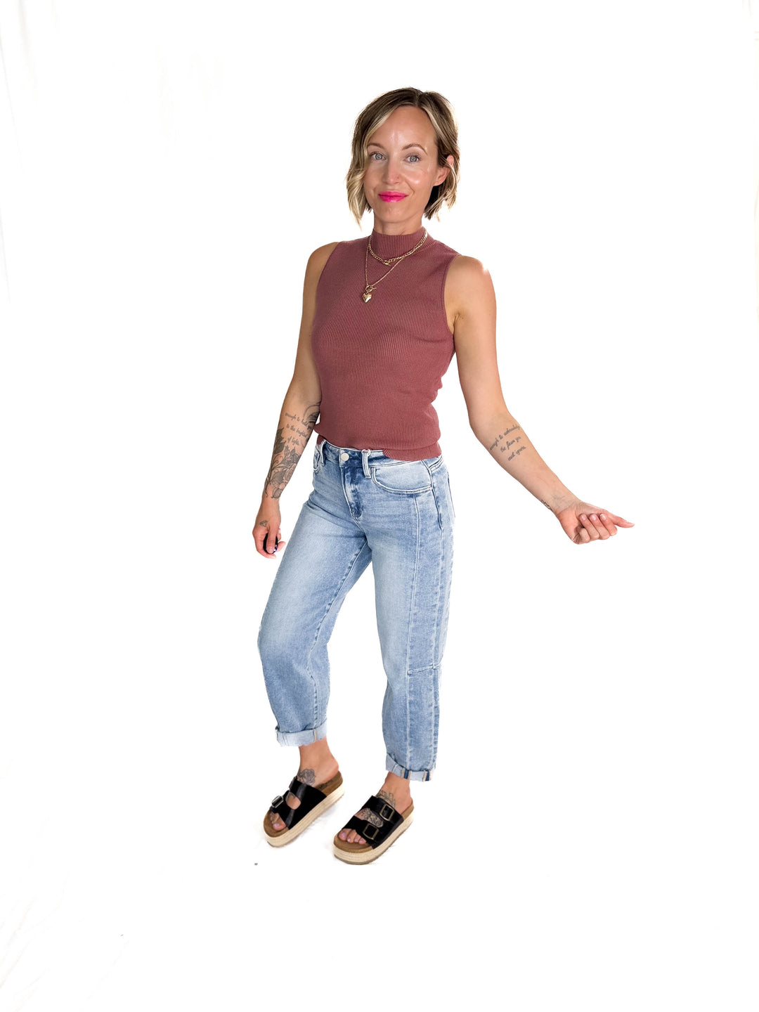 Melena Mock Neck Ribbed Knit Tank- RED BEAN