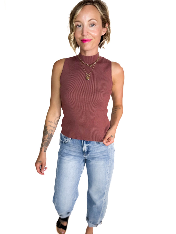 Melena Mock Neck Ribbed Knit Tank- RED BEAN