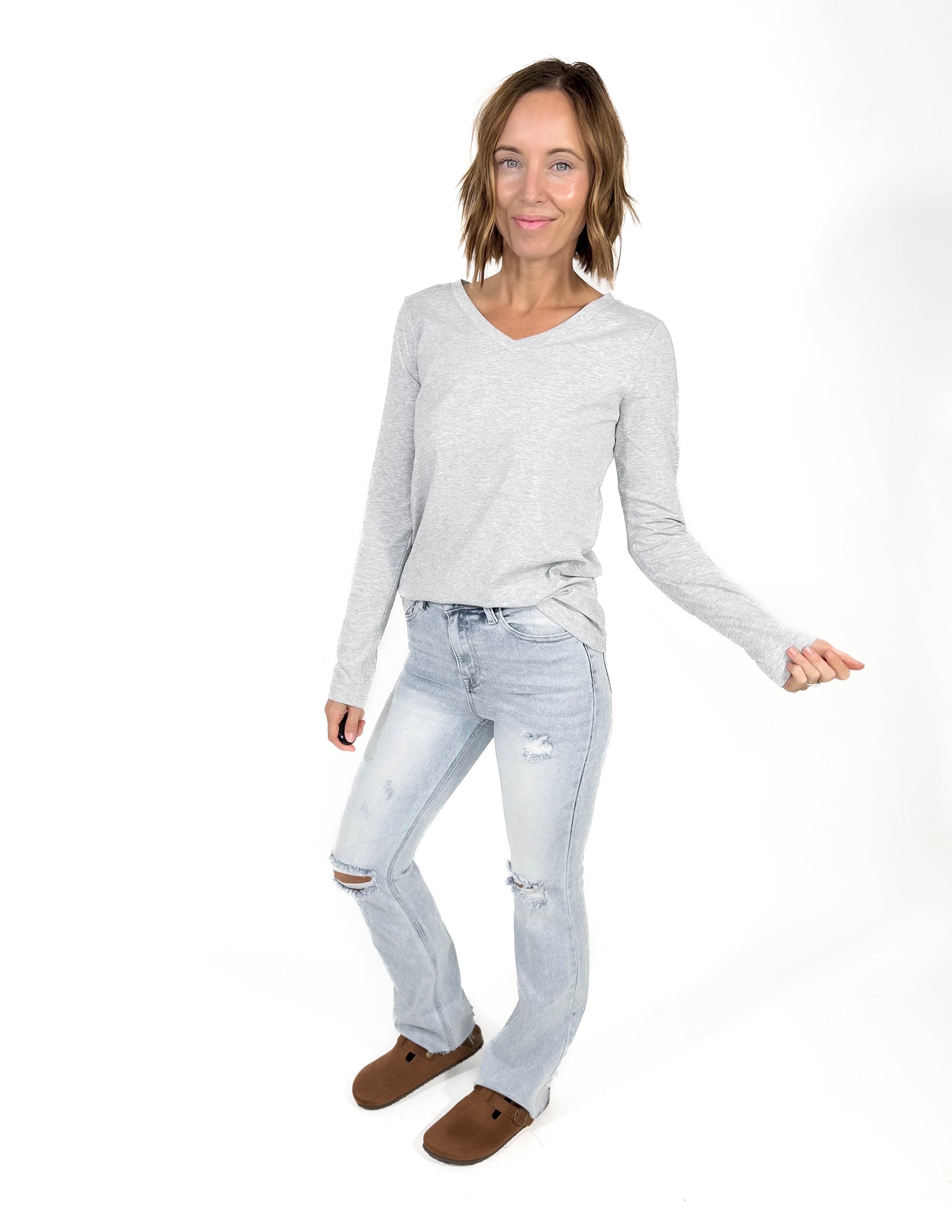 Better Than Basic Cotton V-neck Long Sleeve- HTHR GREY