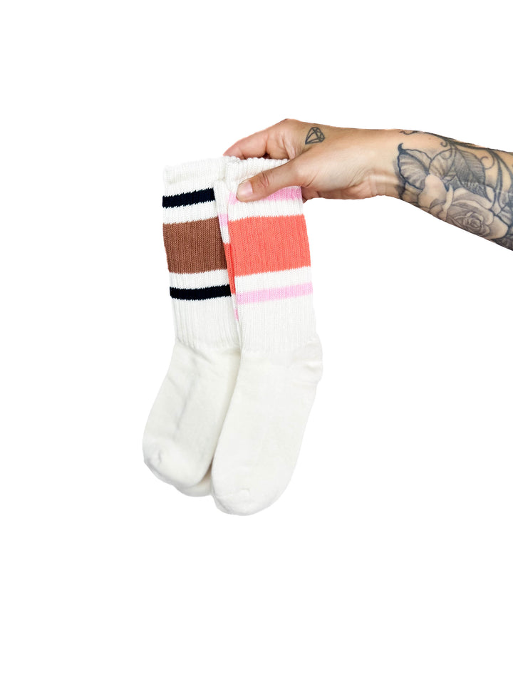 Classic Stripe Crew Sock- MANGO/BLUSH