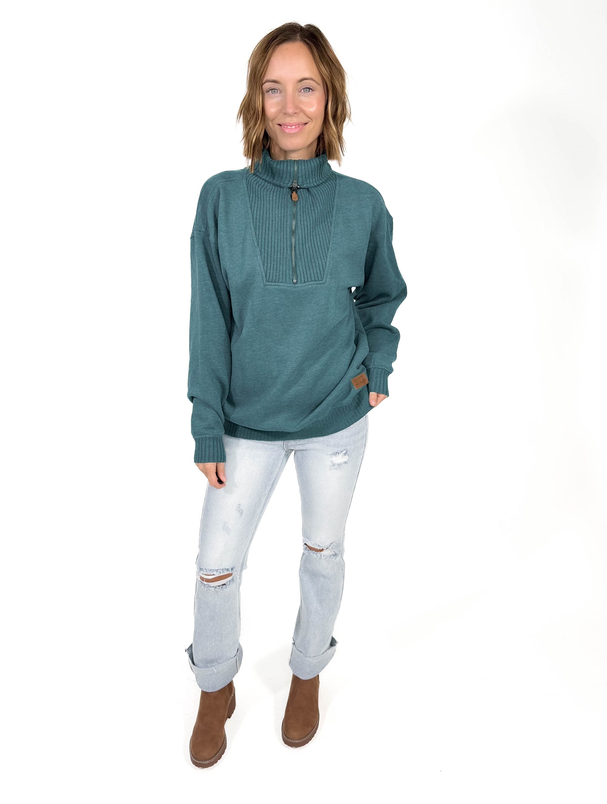 Thelma Mock Neck Fleece- EMERALD