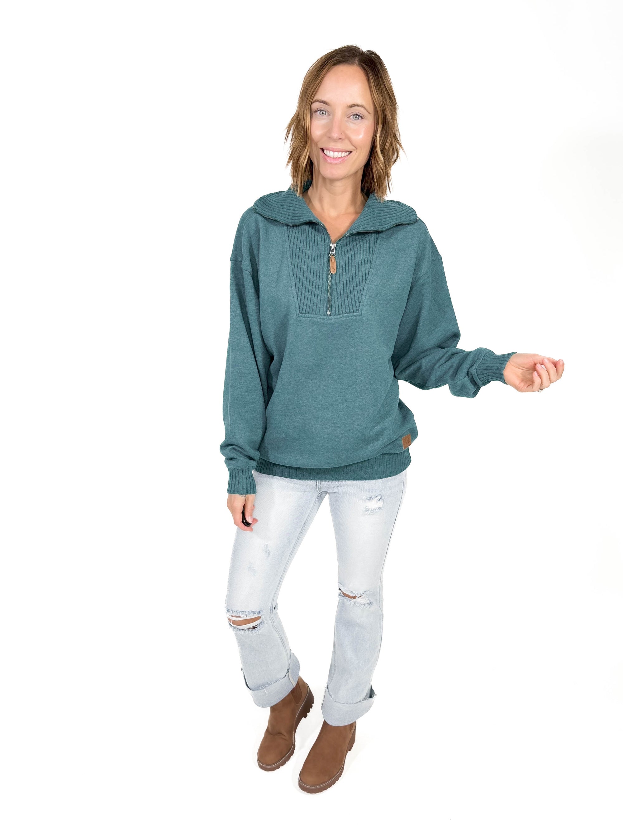 Thelma Mock Neck Fleece- EMERALD