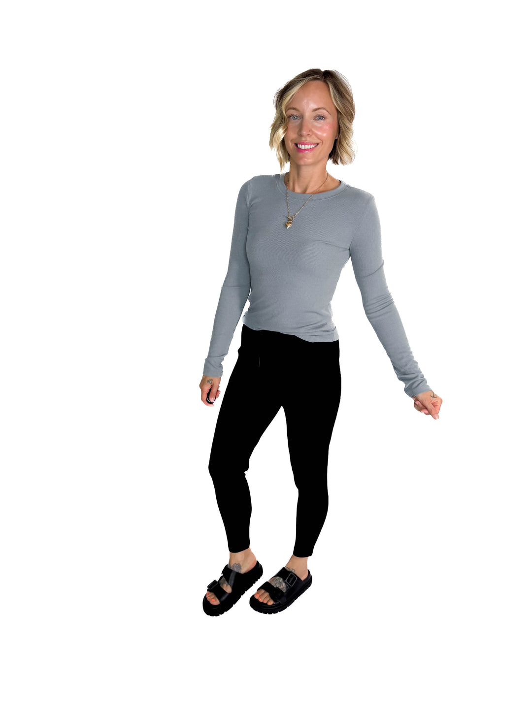 Beth Ribbed Long Sleeve- PEBBLE