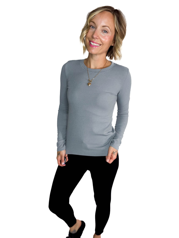 Beth Ribbed Long Sleeve- PEBBLE