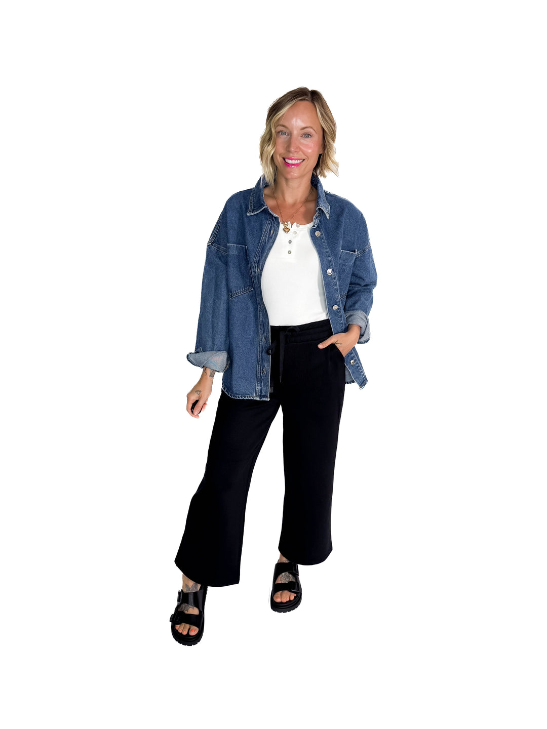 Elara Button Down Denim Jacket- DARK WASH