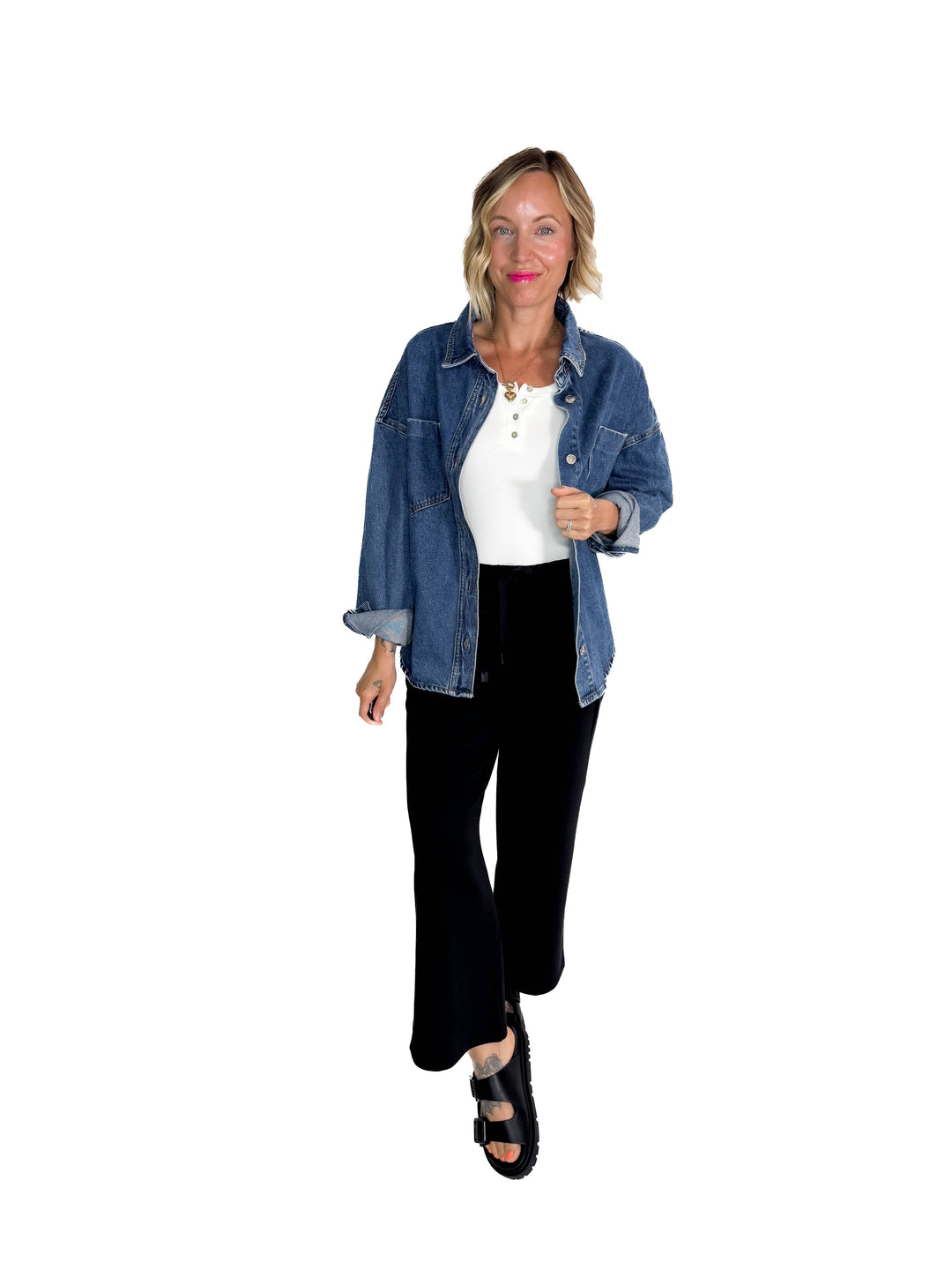 Elara Button Down Denim Jacket- DARK WASH