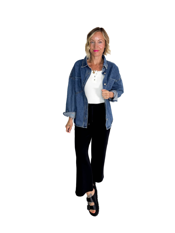 Elara Button Down Denim Jacket- DARK WASH