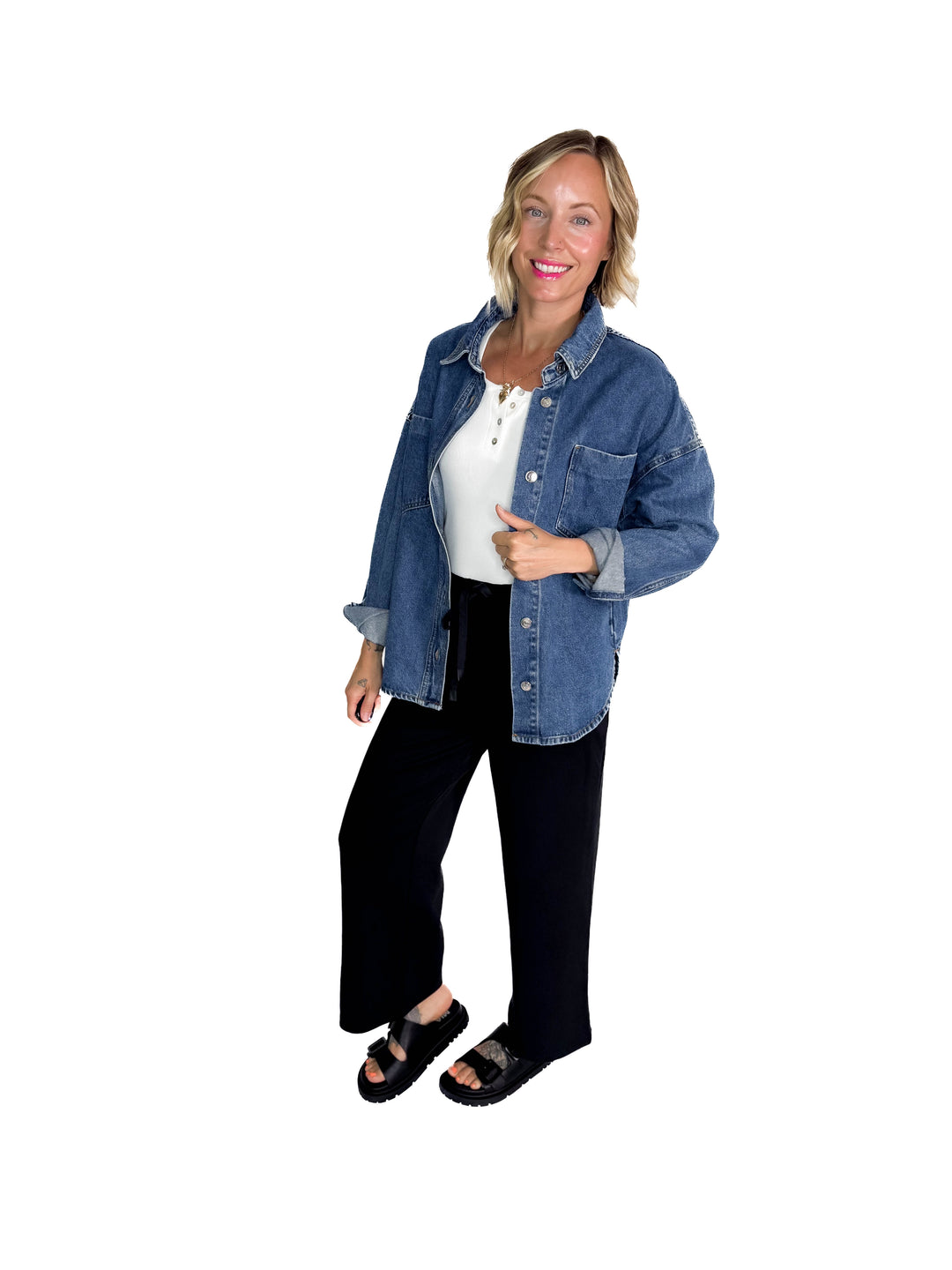 Elara Button Down Denim Jacket- DARK WASH