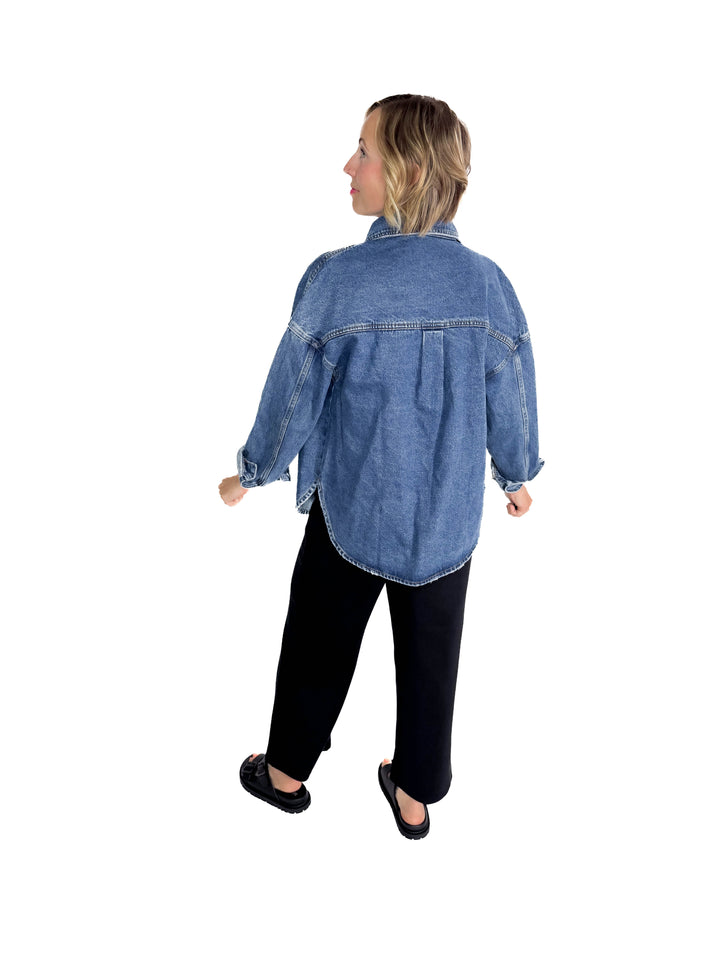 Elara Button Down Denim Jacket- DARK WASH