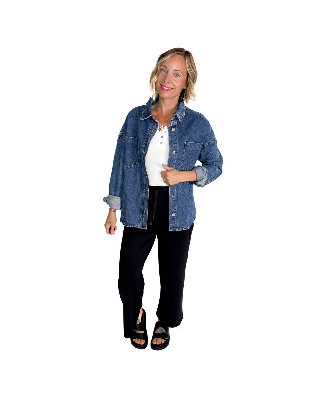 Elara Button Down Denim Jacket- DARK WASH