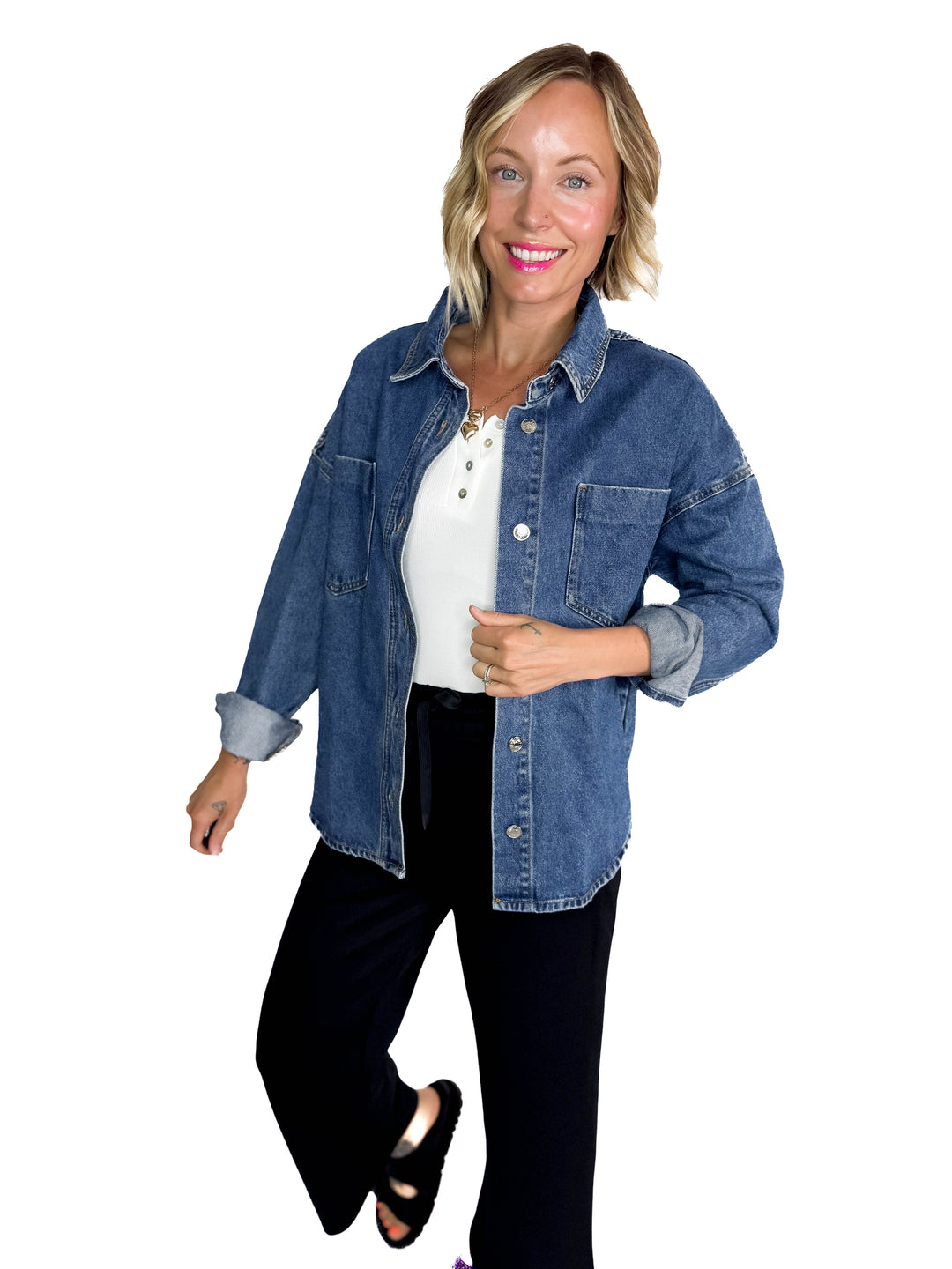 Elara Button Down Denim Jacket- DARK WASH