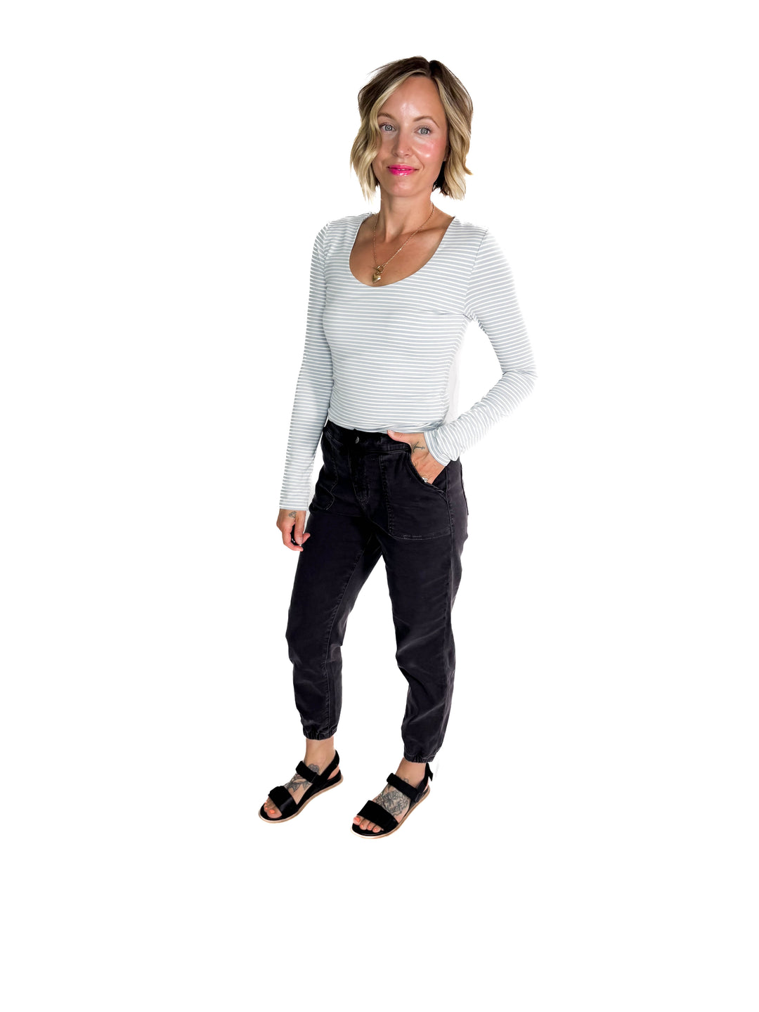 Ria Double Lined Striped Long Sleeve- SLATE BLUE-FINAL SALE