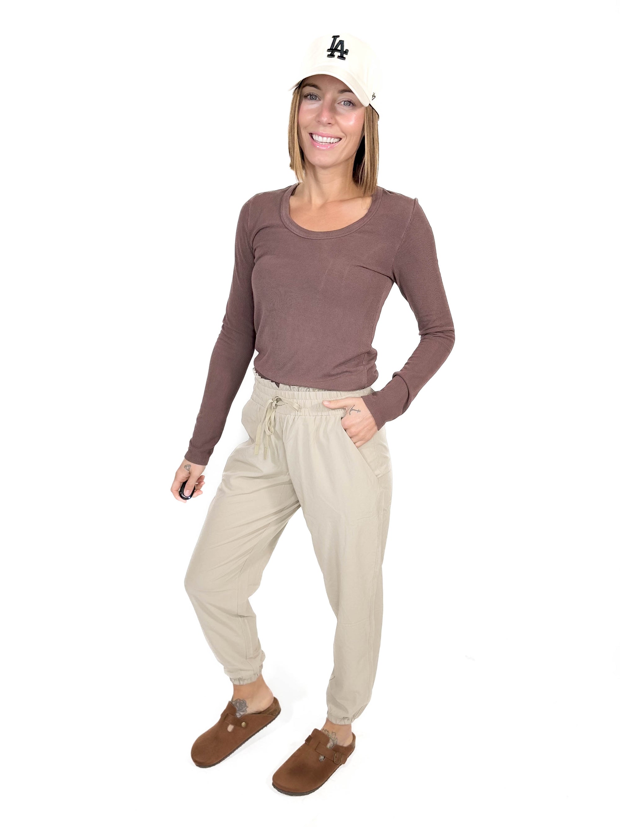 MONO B Blake High Waist Jogger- SMOKEY TAUPE