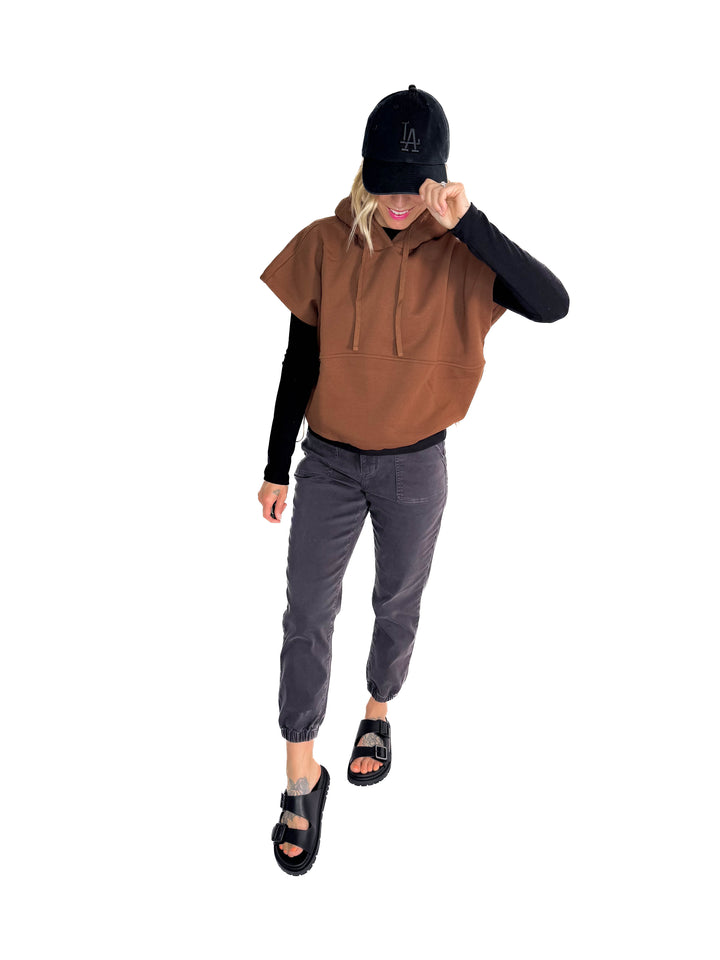 Rae Drawstring Waist Hoodie Top- ESPRESSO