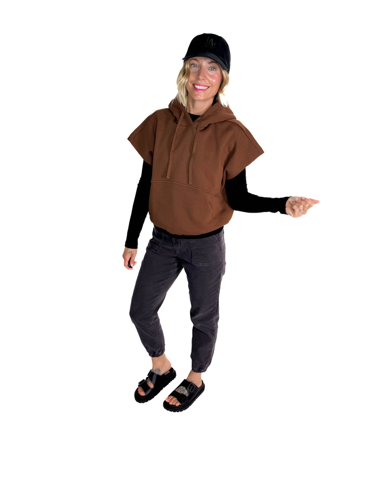 Rae Drawstring Waist Hoodie Top- ESPRESSO