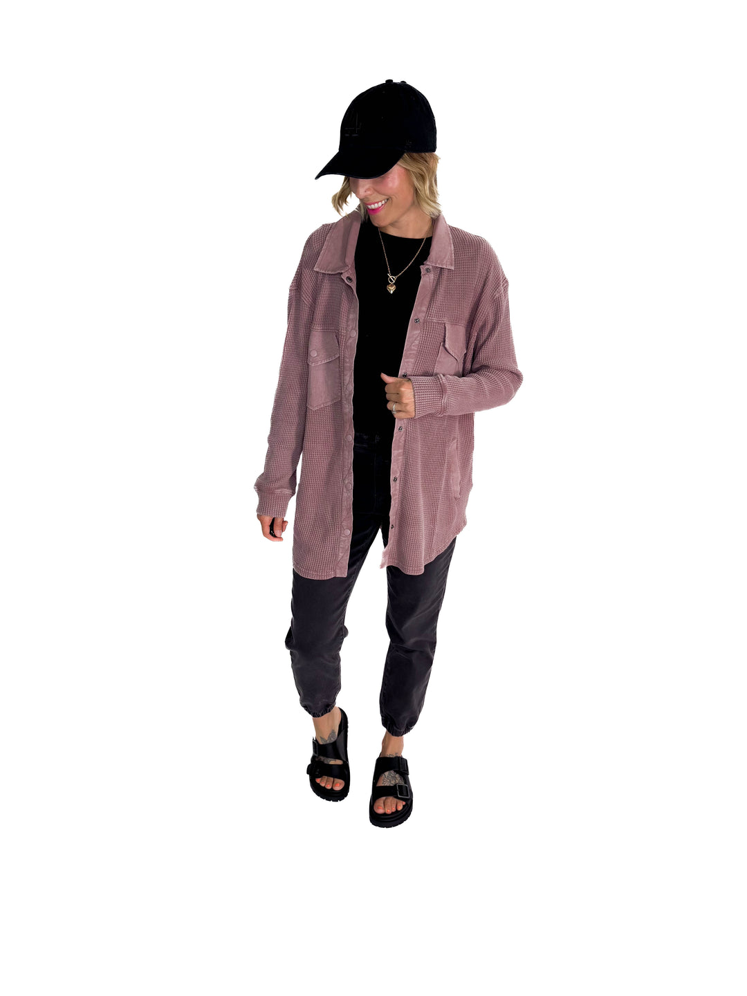 Mono B Marcia Waffle Knit Washed Button Down Jacket- ROSE TAUPE