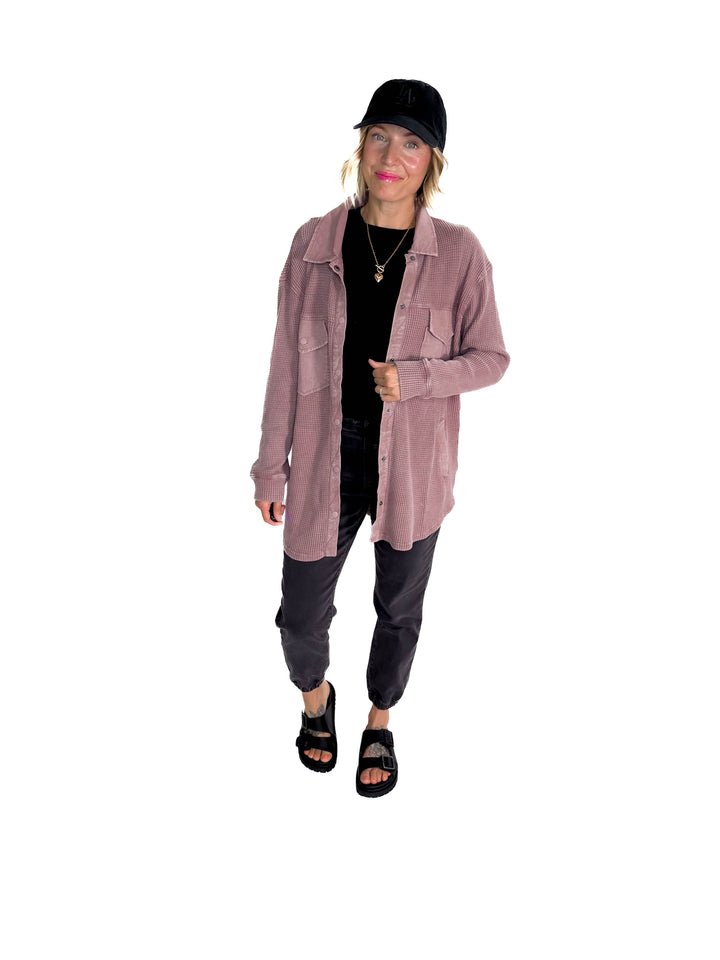 Mono B Marcia Waffle Knit Washed Button Down Jacket- ROSE TAUPE