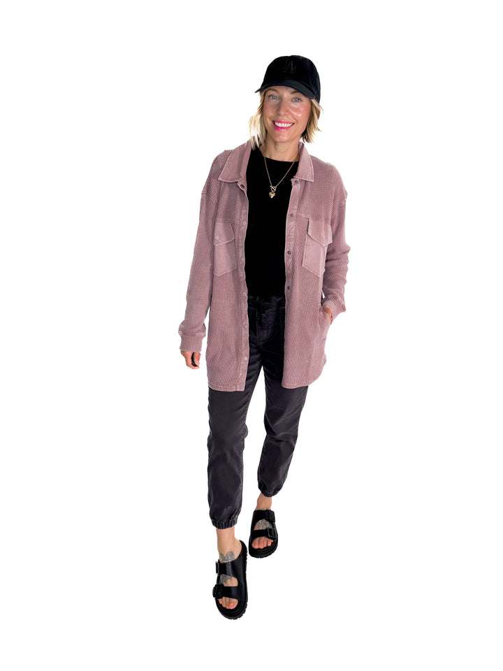 Mono B Marcia Waffle Knit Washed Button Down Jacket- ROSE TAUPE