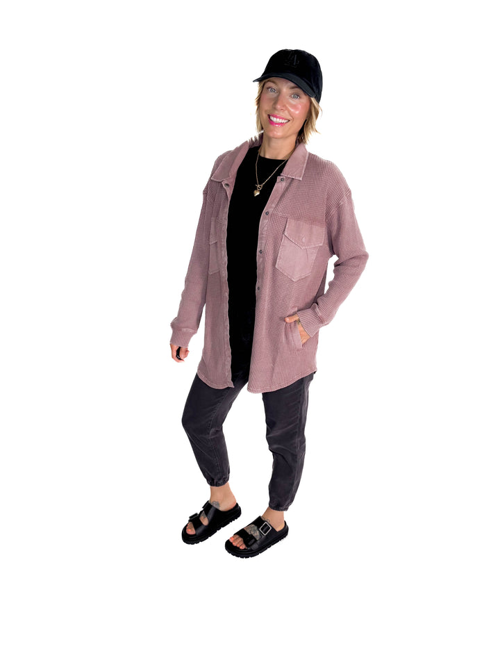 Mono B Marcia Waffle Knit Washed Button Down Jacket- ROSE TAUPE