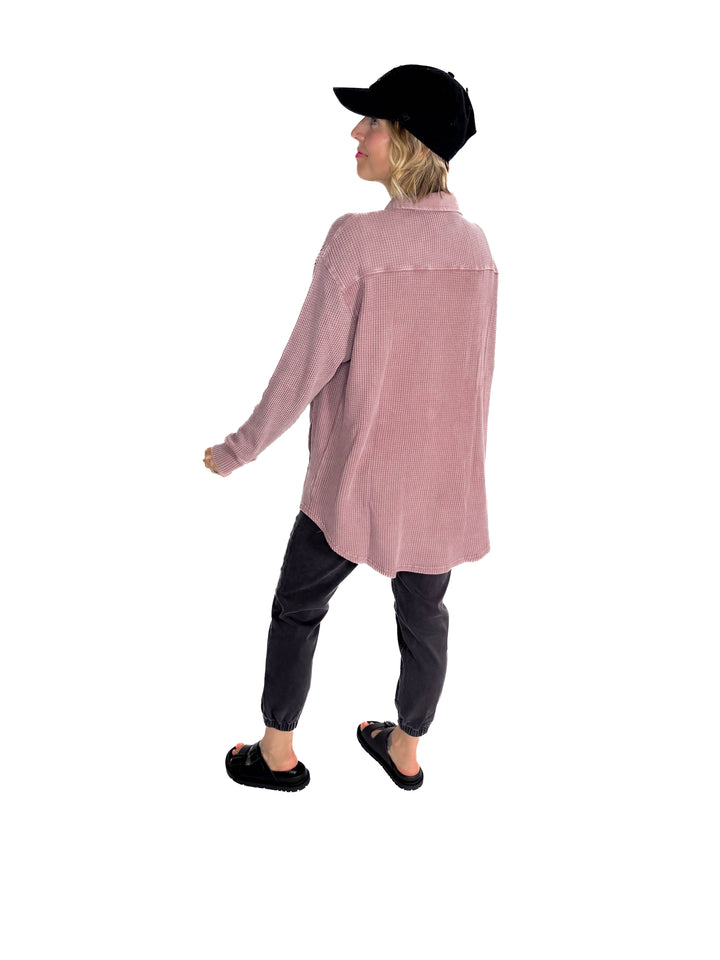 Mono B Marcia Waffle Knit Washed Button Down Jacket- ROSE TAUPE
