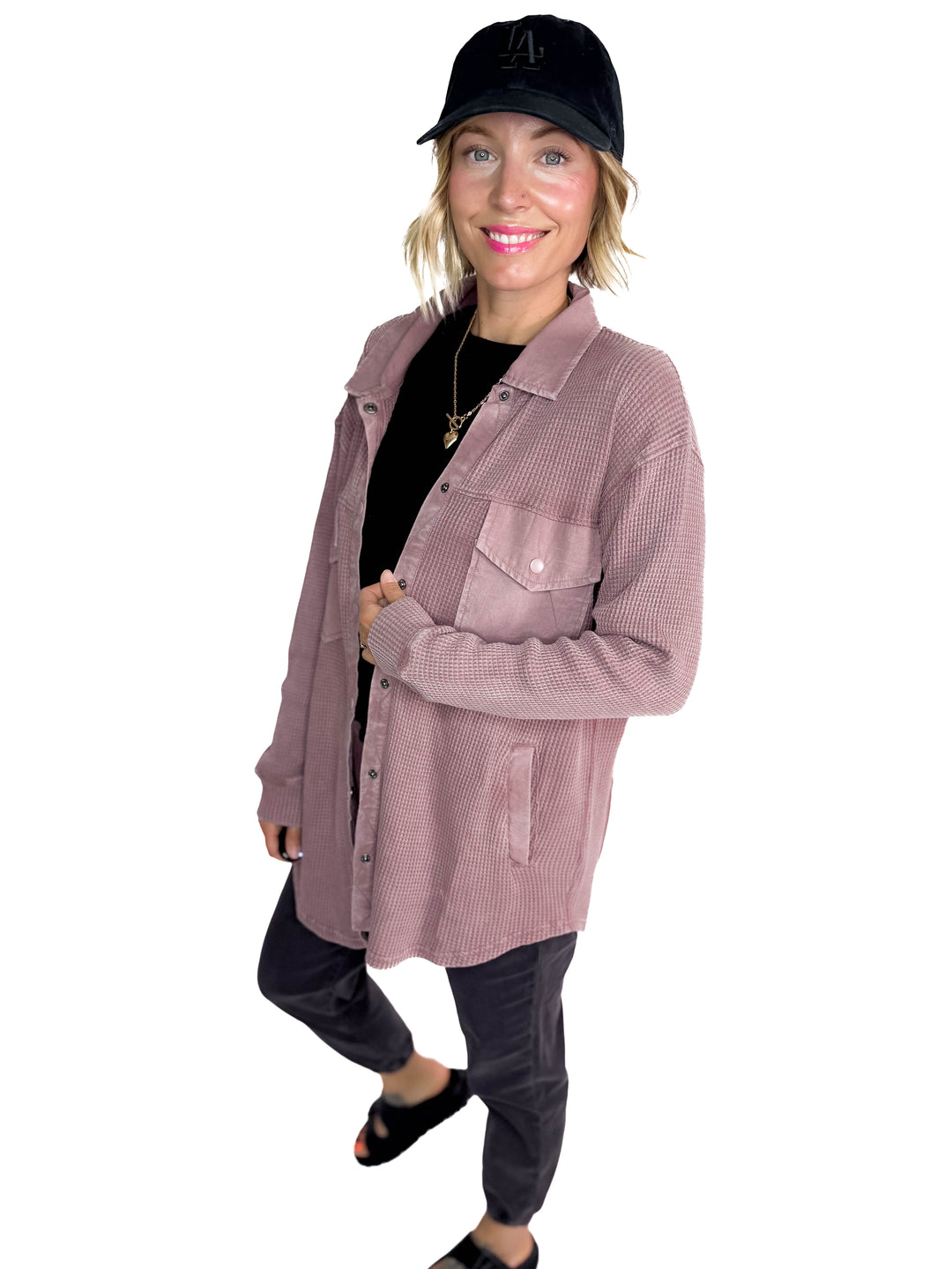 Mono B Marcia Waffle Knit Washed Button Down Jacket- ROSE TAUPE
