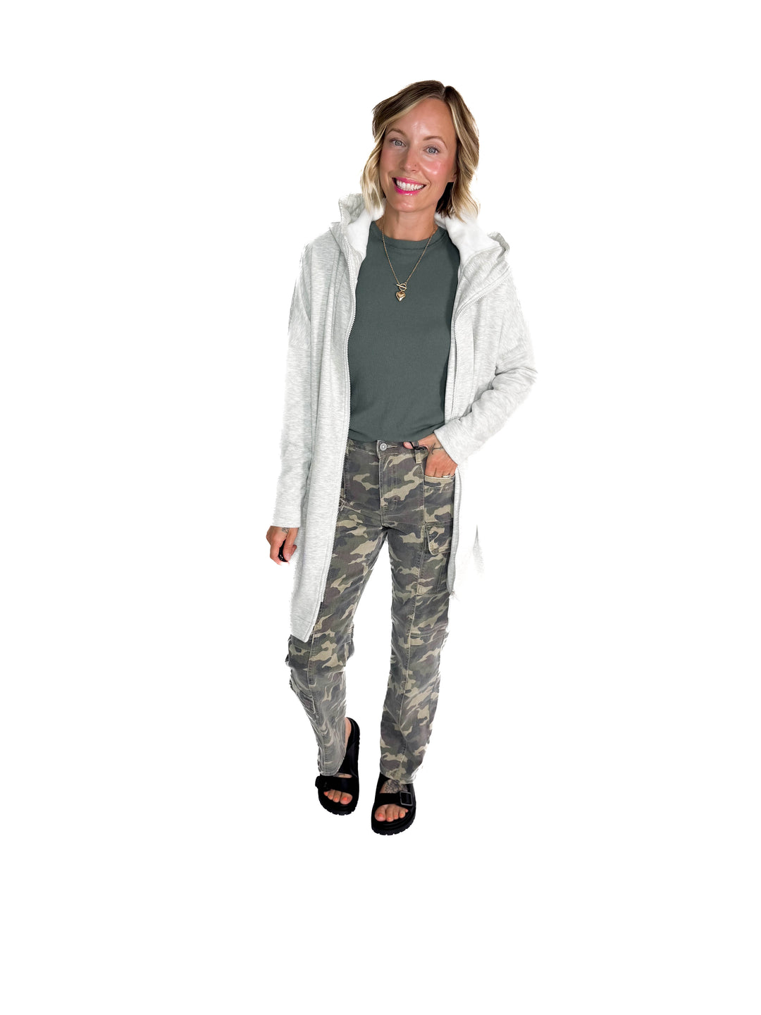 MONO B Nelly Longline Zip-Up Jacket With Hood- TWO TONE GREY