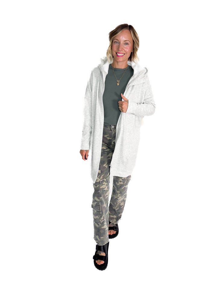 MONO B Nelly Longline Zip-Up Jacket With Hood- TWO TONE GREY