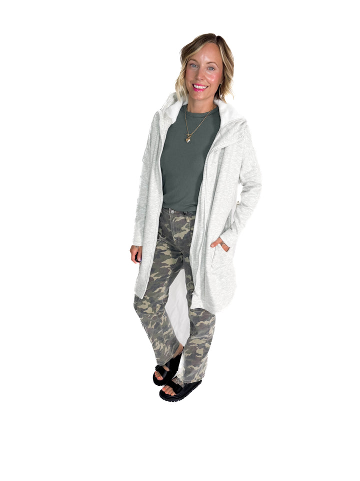 MONO B Nelly Longline Zip-Up Jacket With Hood- TWO TONE GREY