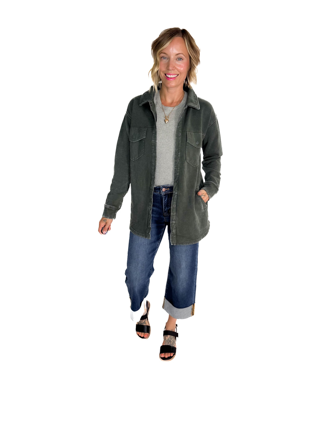 MONO B Valerie Snap on Shacket- DEEP FOREST-FINAL SALE
