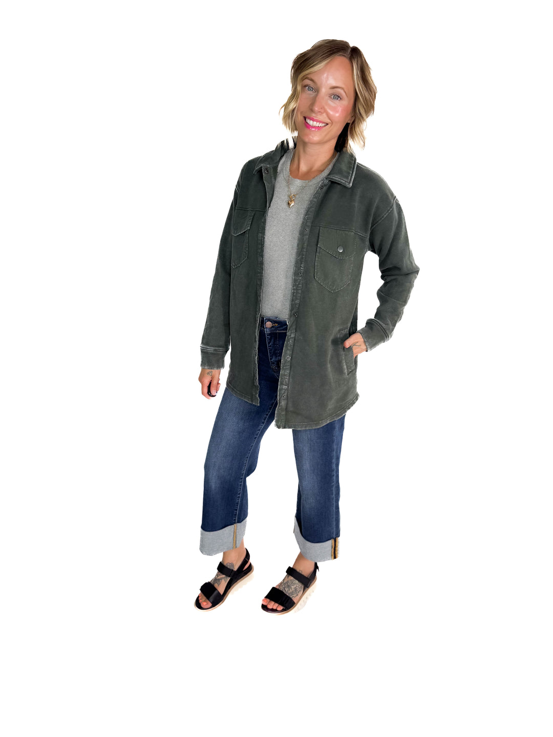 MONO B Valerie Snap on Shacket- DEEP FOREST-FINAL SALE