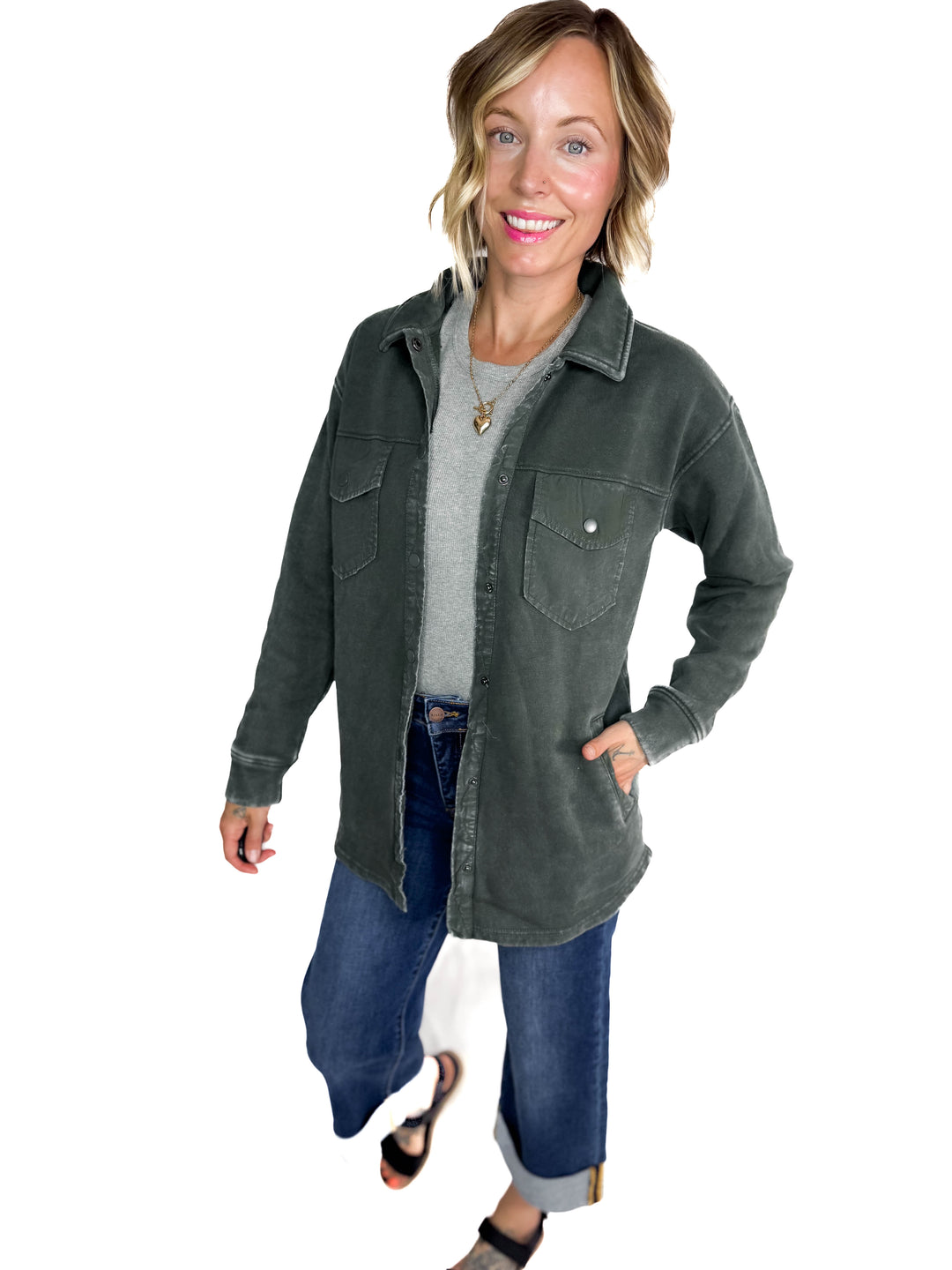 MONO B Valerie Snap on Shacket- DEEP FOREST-FINAL SALE
